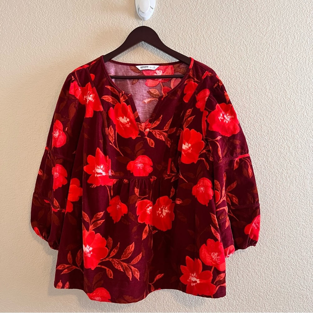 Sonoma Burgundy Floral Corduroy 3/4 Sleeve Pullover Plus Size Shirt Size 2X